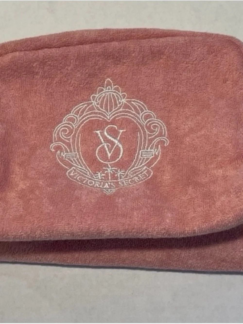 Victoria’s Secret Pink Terry Cloth Cosmetic Bag Embroidered Crest Logo